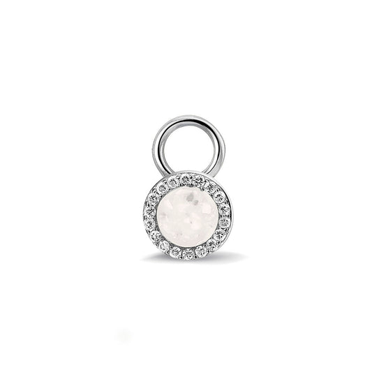 Oorhangers 8 mm diameter, rondom afgewerkt met zirkonia's, aan de voorzijde zichtbaar gevuld met as of haar. White.