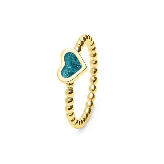 Pareldraadring met een hartje er boven op , waar zichtbaar as of haar in verwerkt wordt. Turquoise