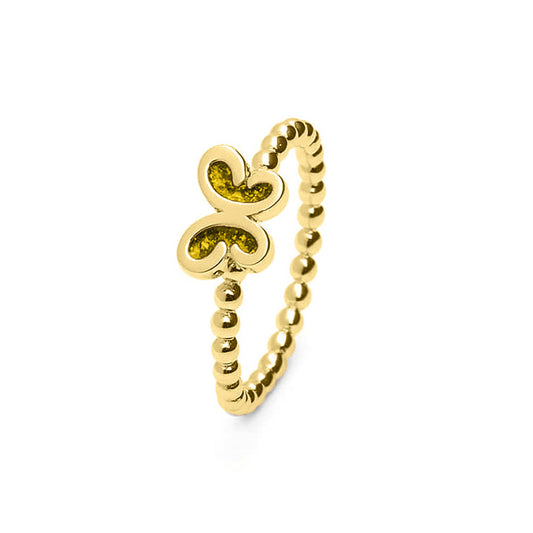 Afmeting gedenksieraden vlinder: 8x6 mm, Ringband: 2 mm. Bolletjes ring met een vlinder er boven op , waar zichtbaar as of haar in verwerkt wordt. Yellow