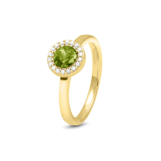 Gedenksieraad, ring 2.5 mm breed met edelstenen naar keuze rondom het compartiment waar zichtbaar as of haar in verwerkt wordt. Green