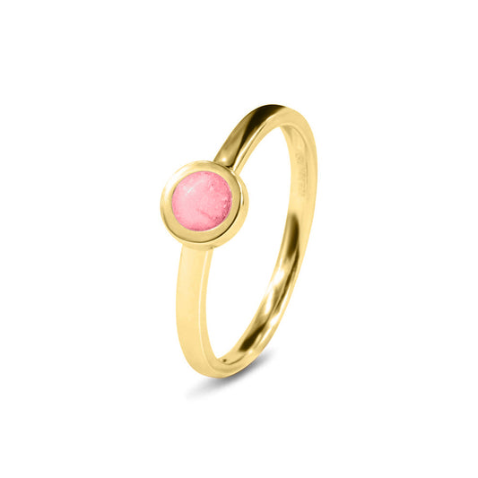 Diameter rondje: 6 mm, Ringband: 2 mm. Gedenksieraad, ring met een rondje er boven op , waar zichtbaar as of haar in verwerkt wordt. Soft