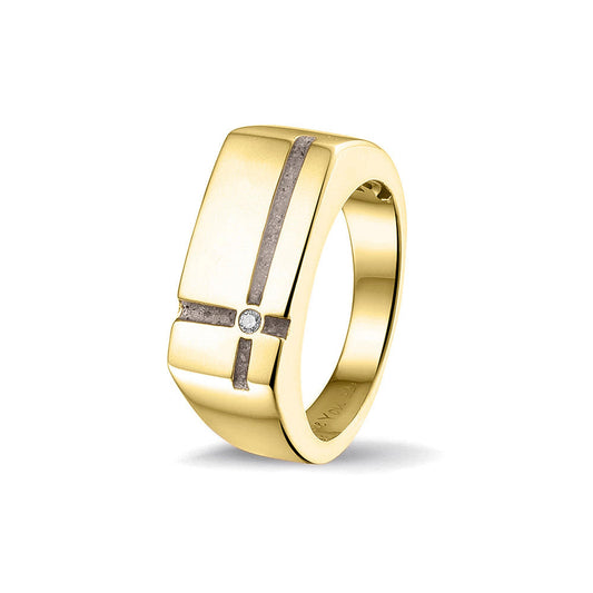 Ring als gedenksieraad 10 breed met twee strepen gescheiden door een zirkonia aan de voorzijde, waar as of haar in verwerkt wordt. Silver