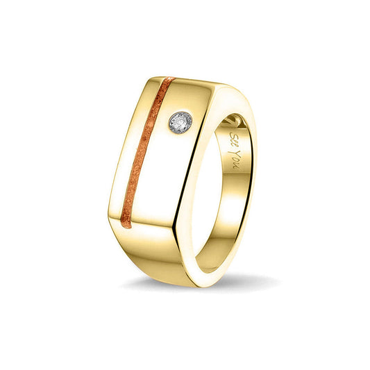 Ring als gedenksieraad met een streep aan de voorzijde, waar as of haar in verwerkt wordt. Ernaast is een zirkonia gezet. Orange