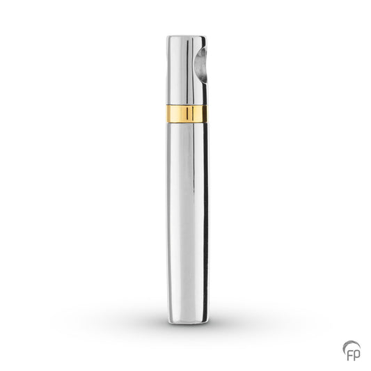 Hanger in buisvorm , de sluitring is gemaakt van 14 KT goud. De ashangers uit deze collectie gedenksieraden zijn zelf te vullen en te bestellen in zilver 925 sterling, geelgoud en witgoud.