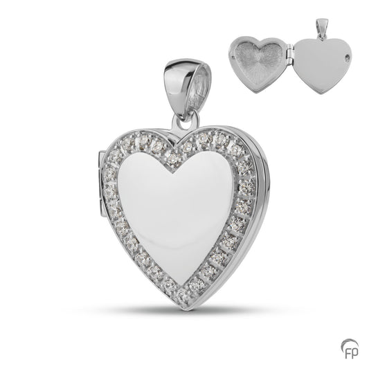 Hart medaillon, in zilver afgewerkt met zirkonia's, in goud met diamanten. De ashangers zijn zelf te vullen en te bestellen in zilver 925 sterling, geelgoud en witgoud.