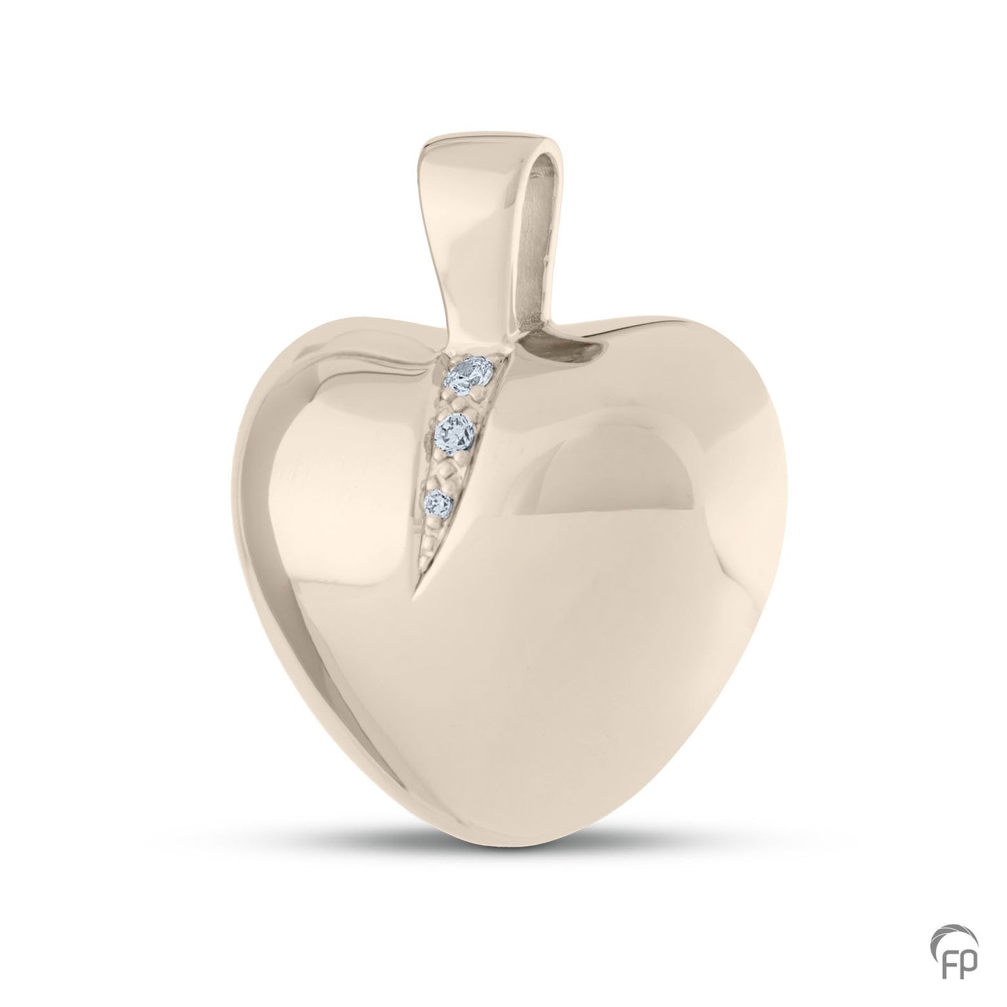 Ashanger hart met twee askamers. In zilver uitgevoerd met zirkonia's, in goud met diamanten. De ashangers uit deze collectie gedenksieraden zijn zelf te vullen.