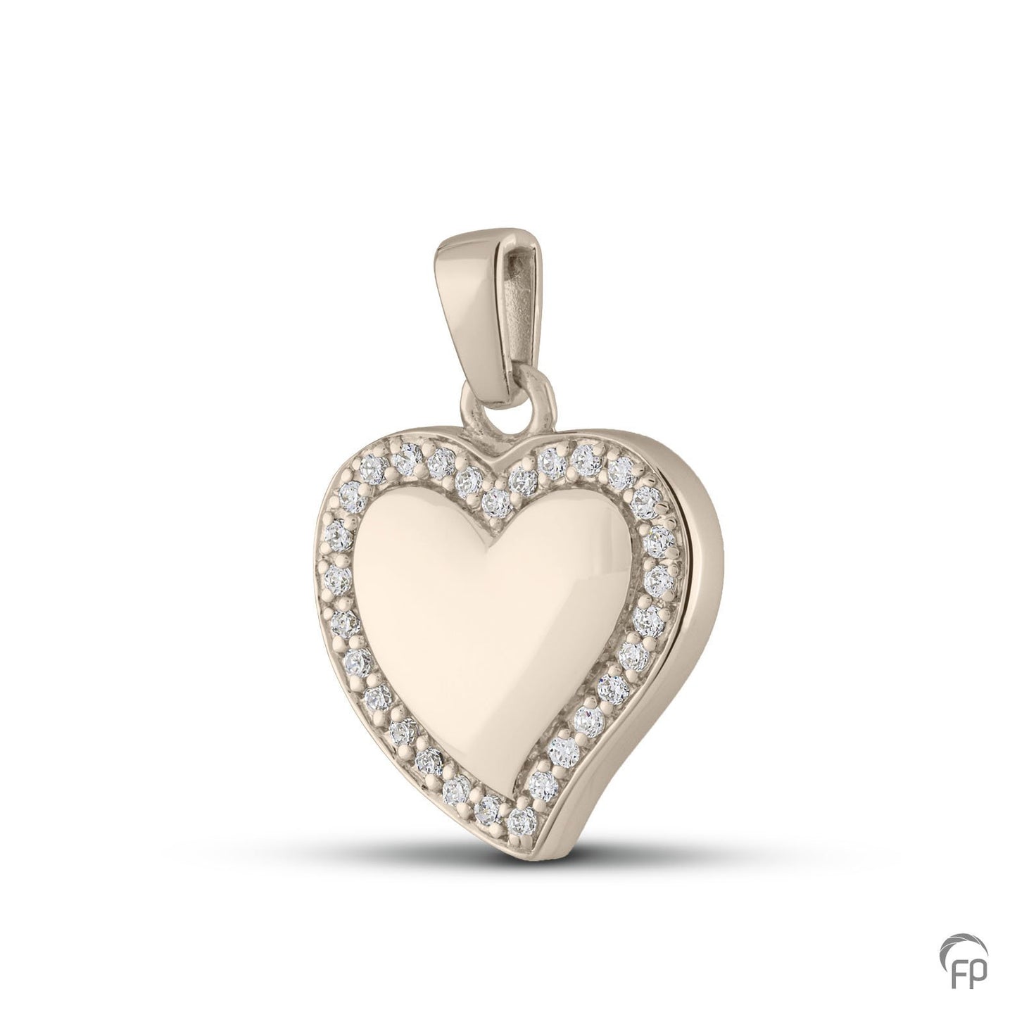 Hanger in hart vorm, in zilver uitgevoerd met zirkonia's, in goud met diamanten. De ashangers uit deze collectie gedenksieraden zijn zelf te vullen.