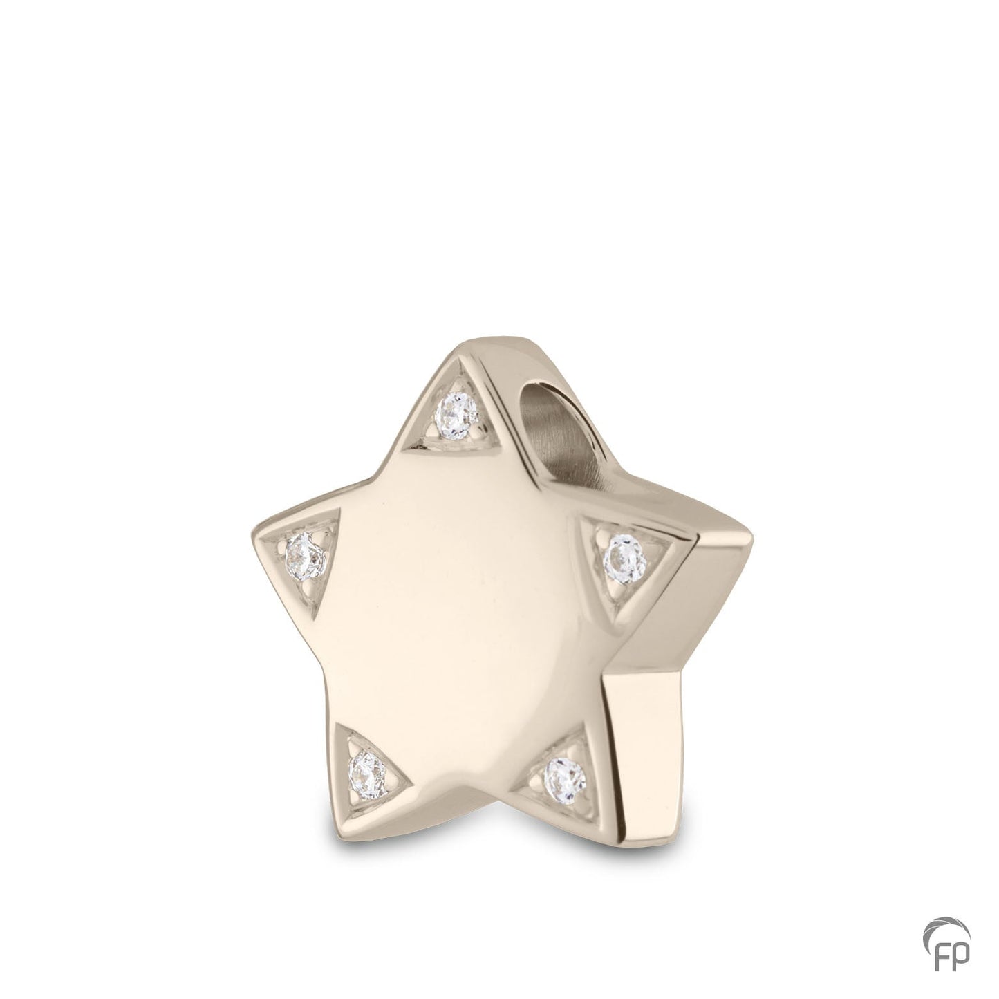 Hanger ster in zilver uitgevoerd met zirkonia's, in goud met diamanten. De ashangers uit deze collectie gedenksieraden zijn eenvoudig zelf te vullen.