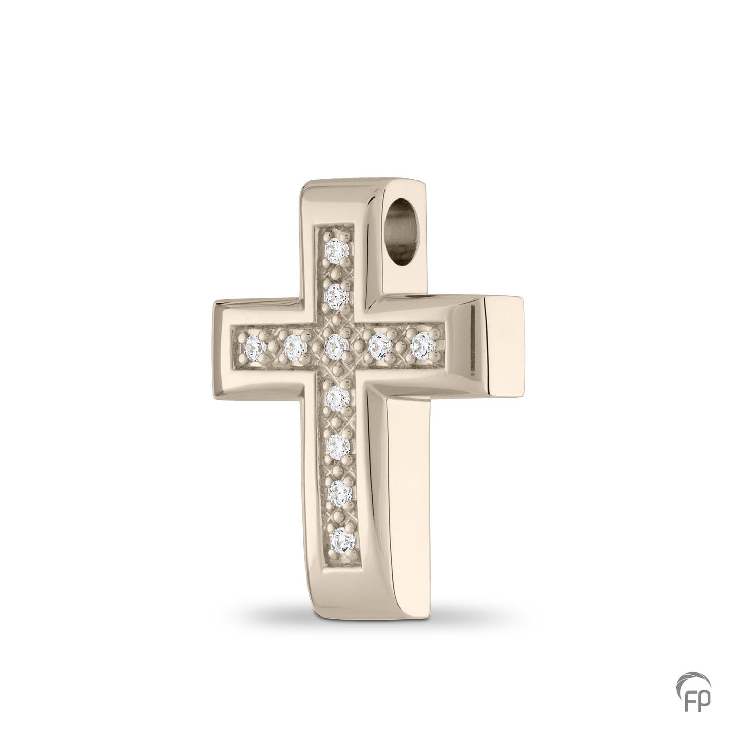 Kruis hanger, in zilver uitgevoerd met zirkonia's, in goud met diamanten. De ashangers uit deze collectie gedenksieraden zijn eenvoudig zelf te vullen.