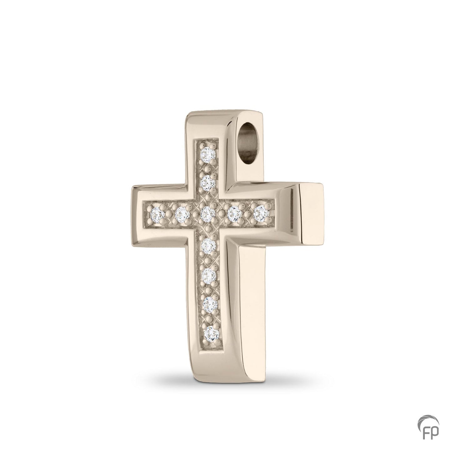 Kruis hanger, in zilver uitgevoerd met zirkonia's, in goud met diamanten. De ashangers uit deze collectie gedenksieraden zijn eenvoudig zelf te vullen.