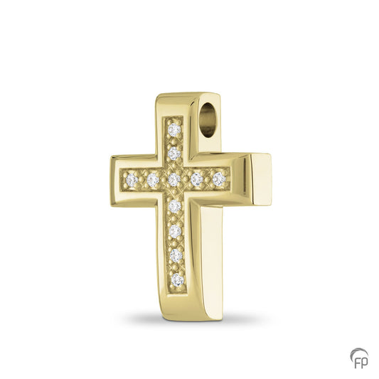Kruis hanger, in zilver uitgevoerd met zirkonia's, in goud met diamanten. De ashangers uit deze collectie gedenksieraden zijn eenvoudig zelf te vullen.