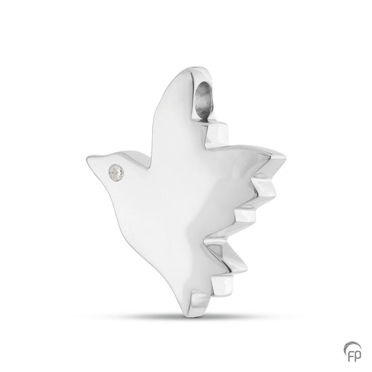 Hanger vogel, met in het oog in zilver een zirkonia, in goud een diamant. De ashangers uit deze collectie gedenksieraden zijn eenvoudig zelf te vullen