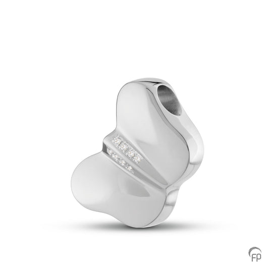 Vlinder hanger, in zilver uitgevoerd met zirkonia's, in goud met diamanten. De ashangers uit deze collectie gedenksieraden zijn eenvoudig zelf te vullen.