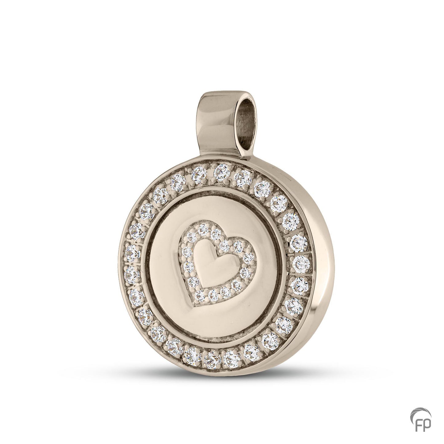 Ronde hanger met in het midden een hartje, in zilver uitgevoerd met zirkonia's, in goud met diamanten. De ashangers uit deze collectie gedenksieraden zijn eenvoudig zelf te vullen