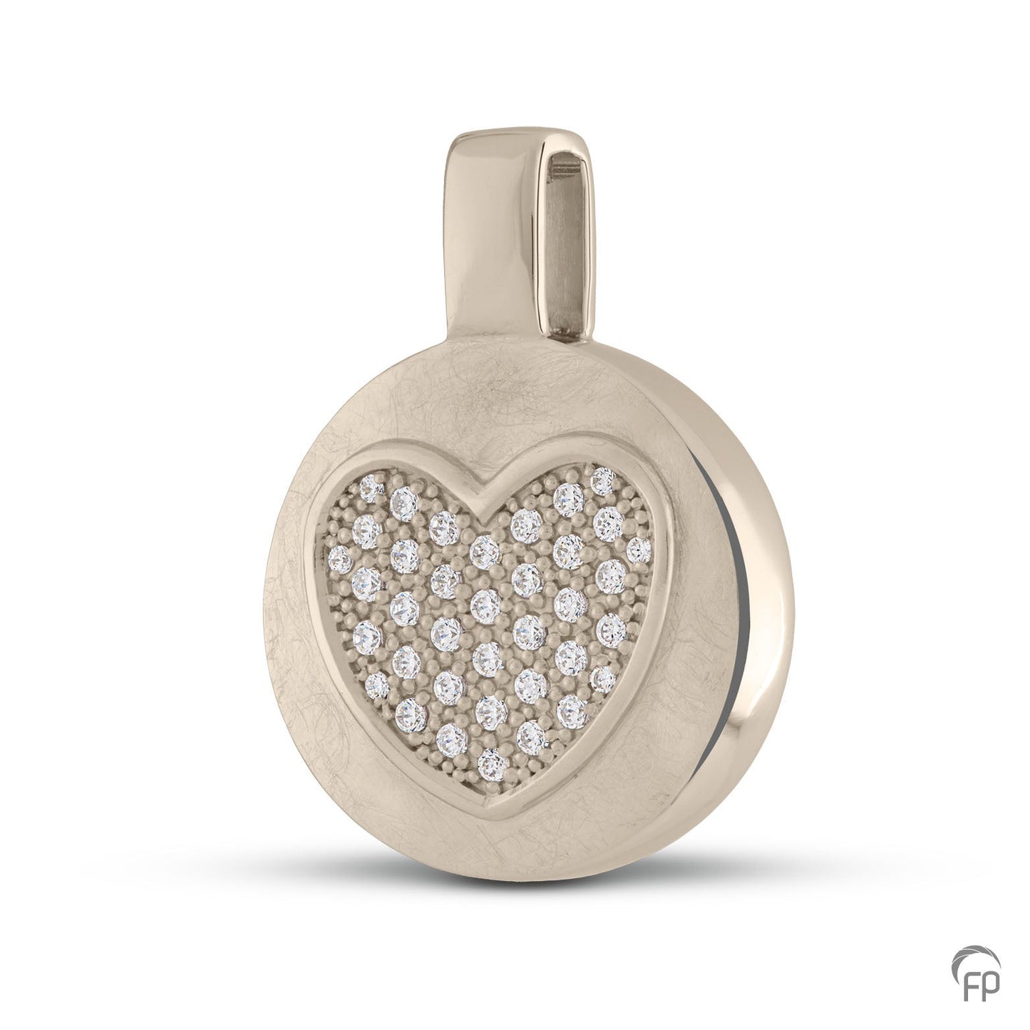 Ronde hanger met in het midden een hartje, in zilver uitgevoerd met zirkonia's, in goud met diamanten. De ashangers uit deze collectie gedenksieraden zijn eenvoudig zelf te vullen