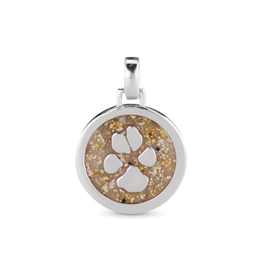 Ronde dierhanger 15 mm die zichtbaar gevuld wordt met as of haar met een aanbod van 20 kleuren, als gedenksieraad met mooie pootafdruk