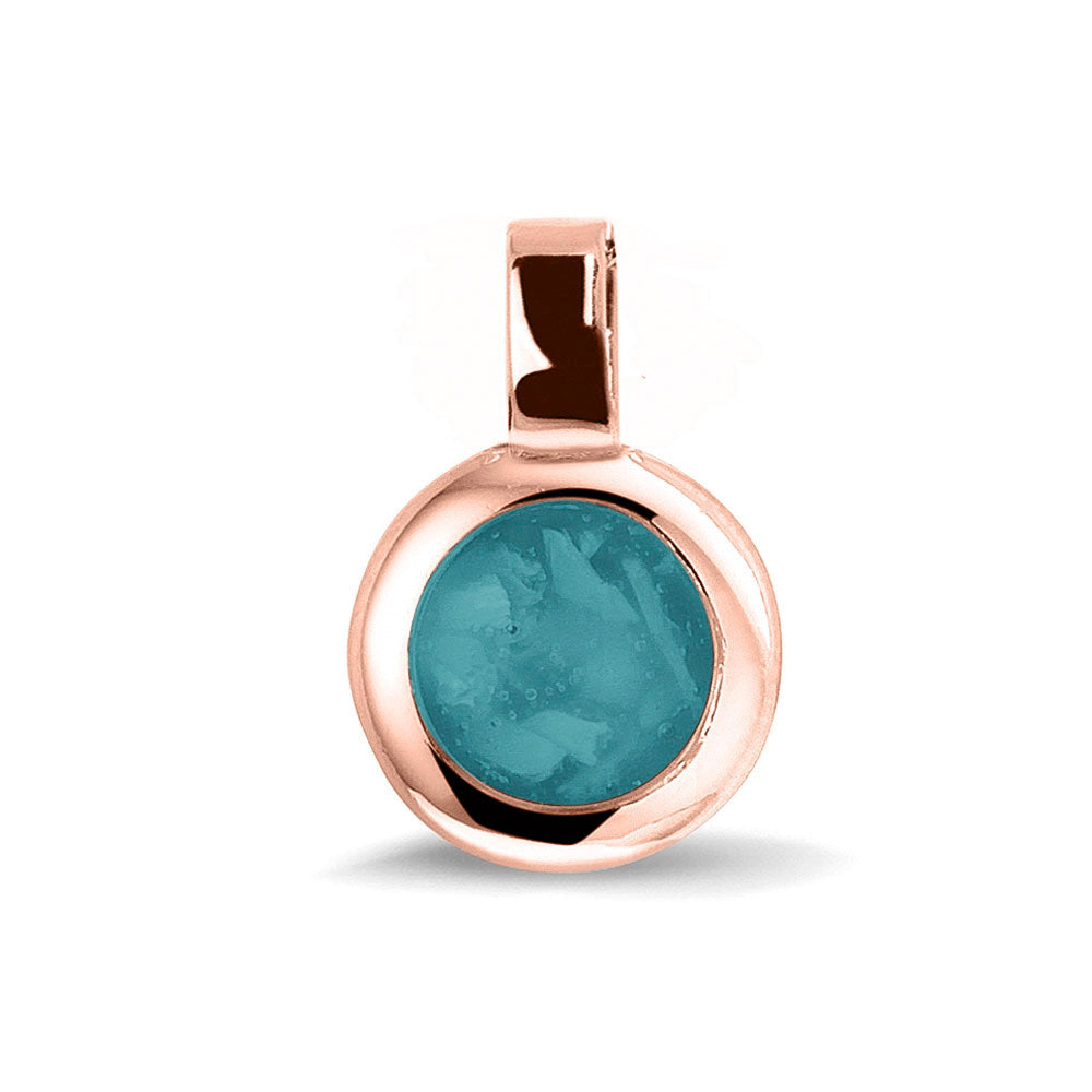 Ronde ashanger, gedenksieraad, waar as en haar in verwerkt wordt.aqua