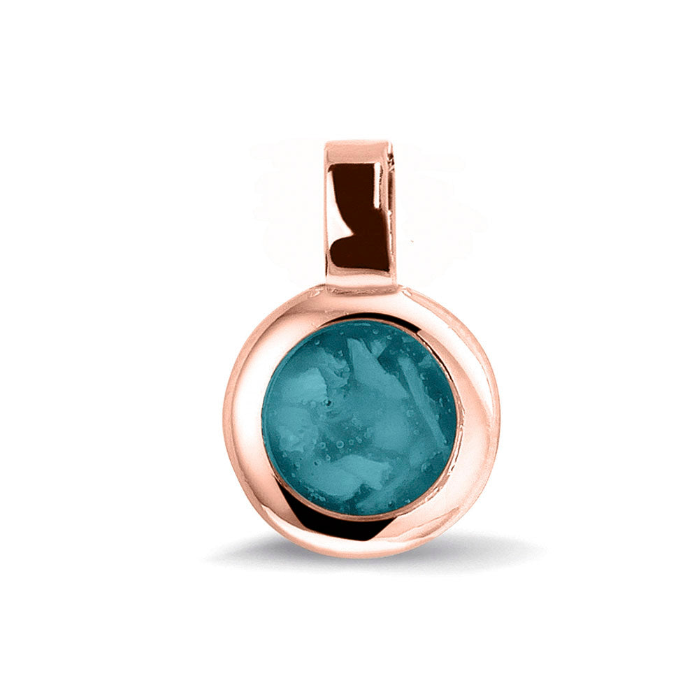 Ronde ashanger, gedenksieraad, waar as en haar in verwerkt wordt.turquoise