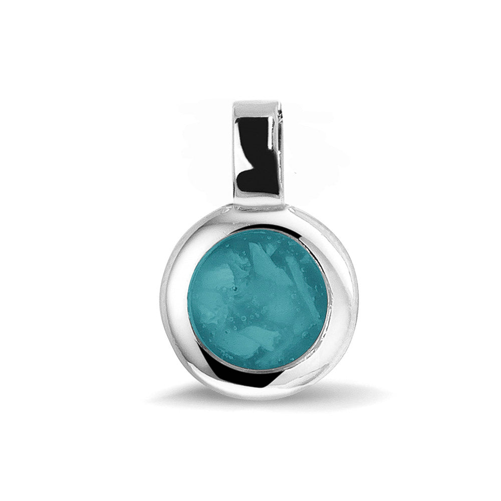 Ronde ashanger, gedenksieraad, waar as en haar in verwerkt wordt.aqua