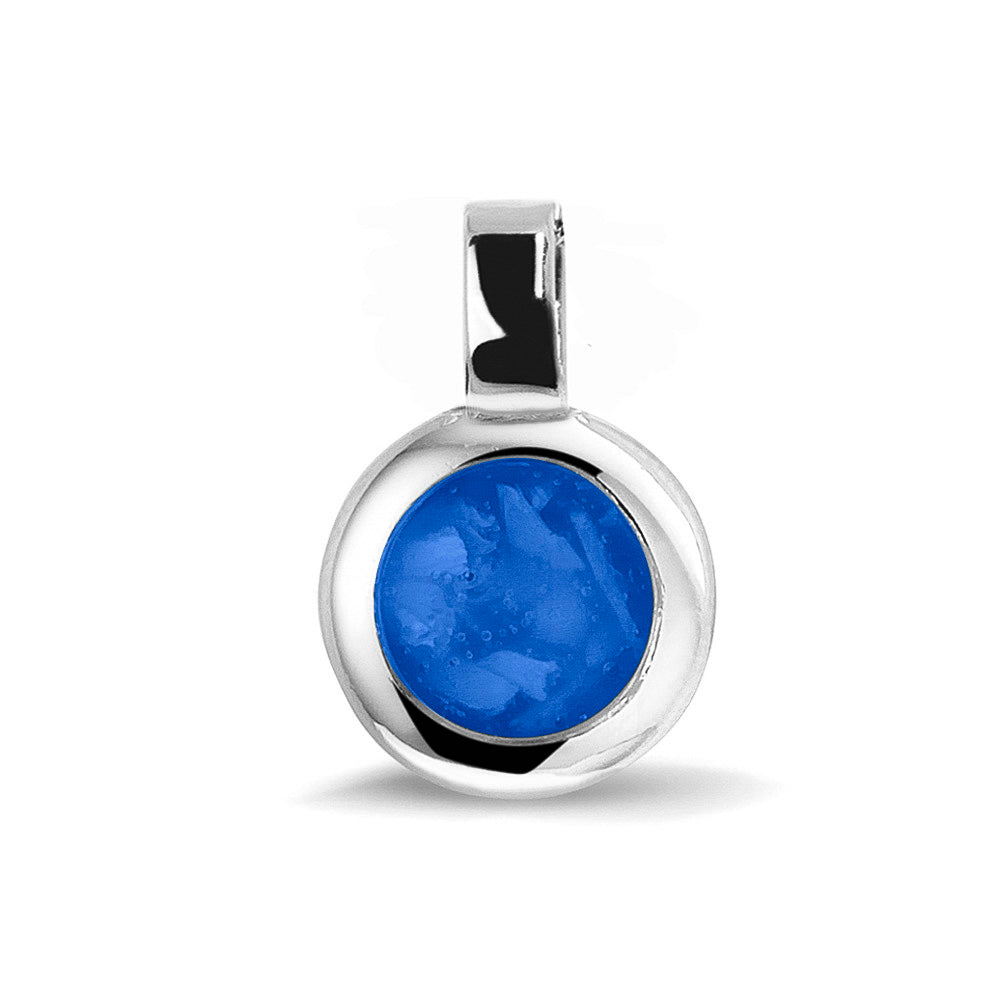 Ronde ashanger, gedenksieraad, waar as en haar in verwerkt wordt.blue