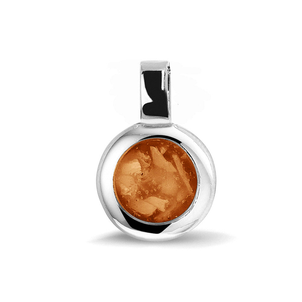 Ronde ashanger, gedenksieraad, waar as en haar in verwerkt wordt.orange