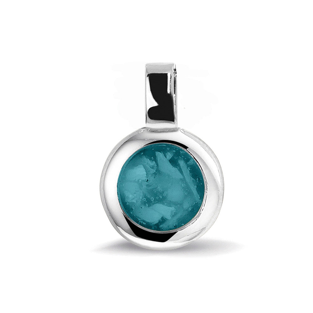 Ronde ashanger, gedenksieraad, waar as en haar in verwerkt wordt.turquoise