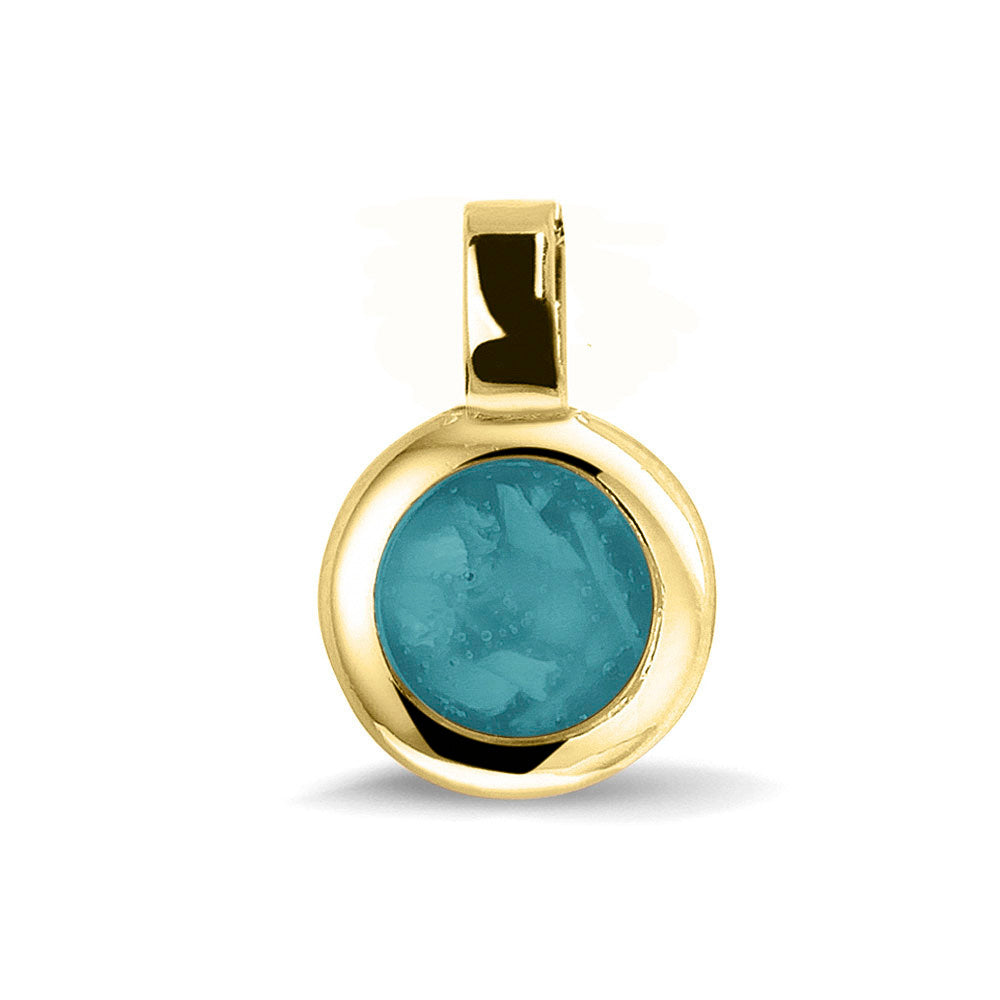 Ronde ashanger, gedenksieraad, waar as en haar in verwerkt wordt.aqua
