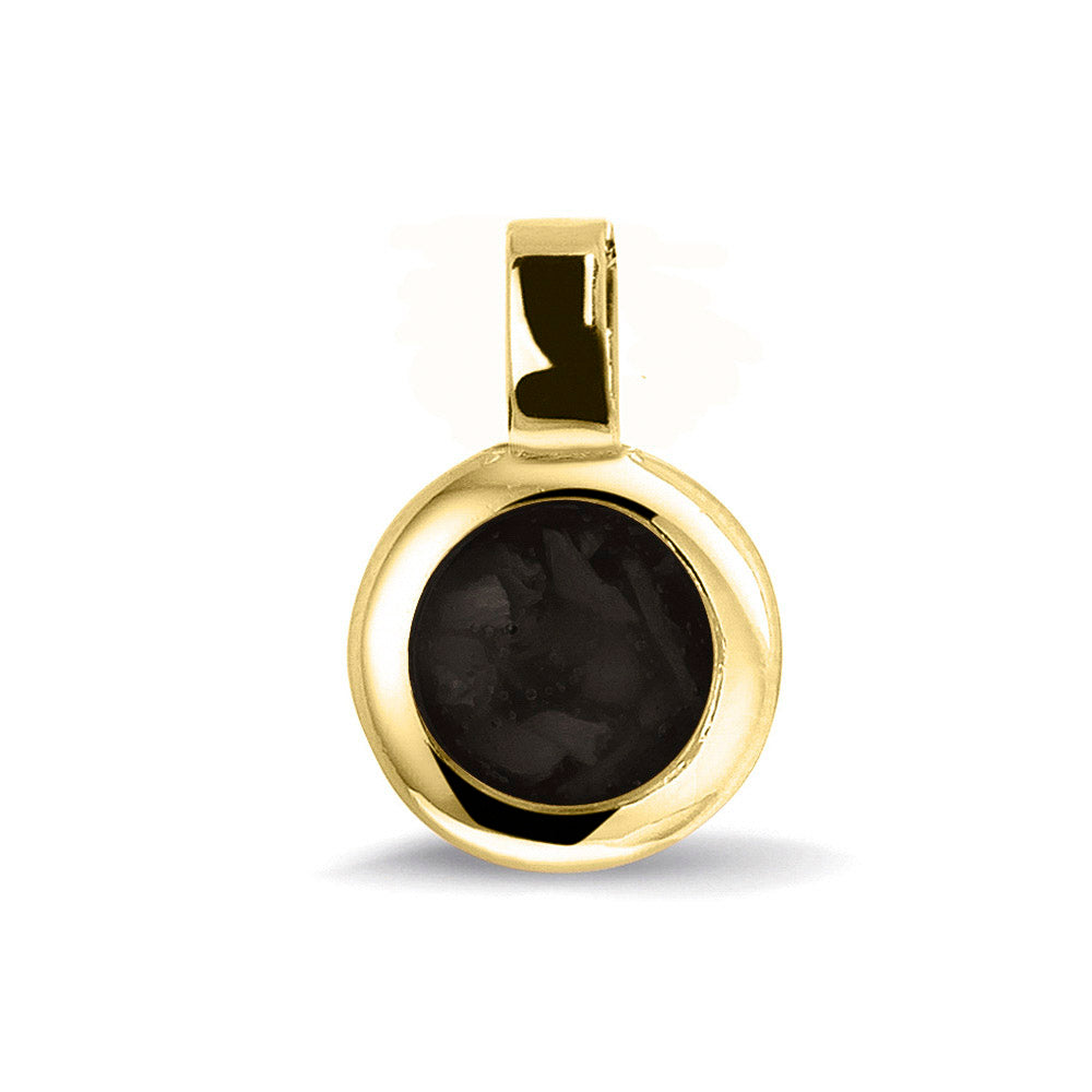 Ronde ashanger, gedenksieraad, waar as en haar in verwerkt wordt.black