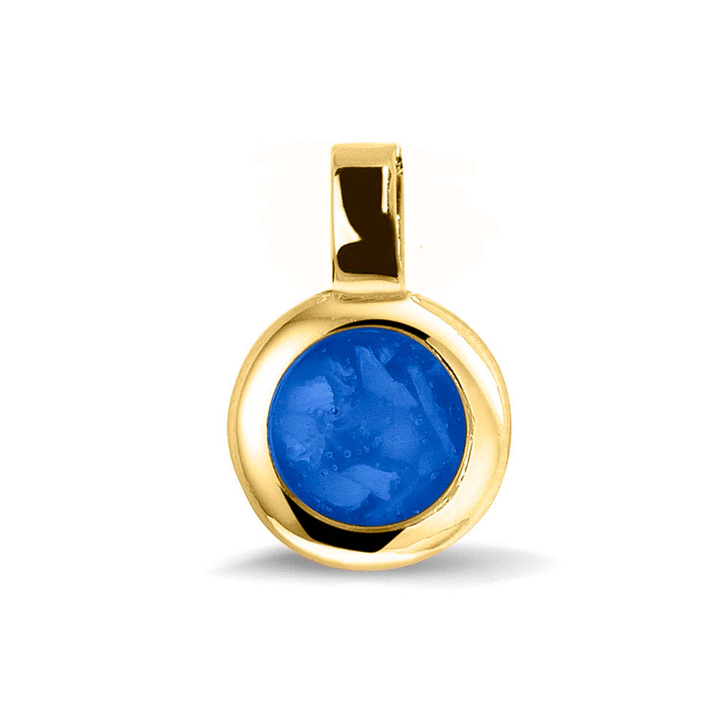Ronde ashanger, gedenksieraad, waar as en haar in verwerkt wordt.blue