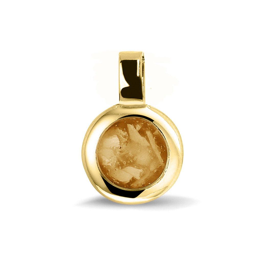 Ronde ashanger, gedenksieraad, waar as en haar in verwerkt wordt.gold