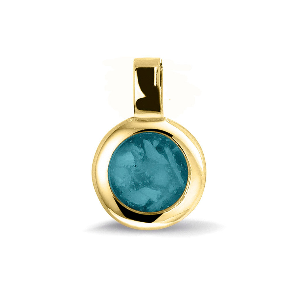 Ronde ashanger, gedenksieraad, waar as en haar in verwerkt wordt.turquoise