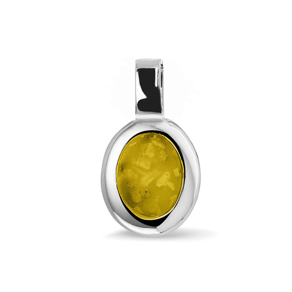 Ovale platte ashanger, gedenksieraad, waar as en haar in verwerkt wordt. Yellow