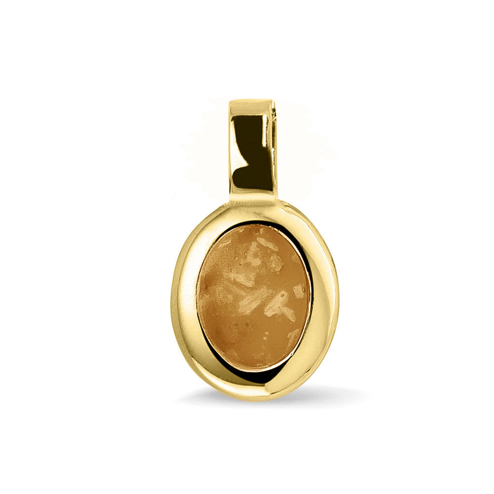 Ovale platte ashanger, gedenksieraad, waar as en haar in verwerkt wordt. Gold
