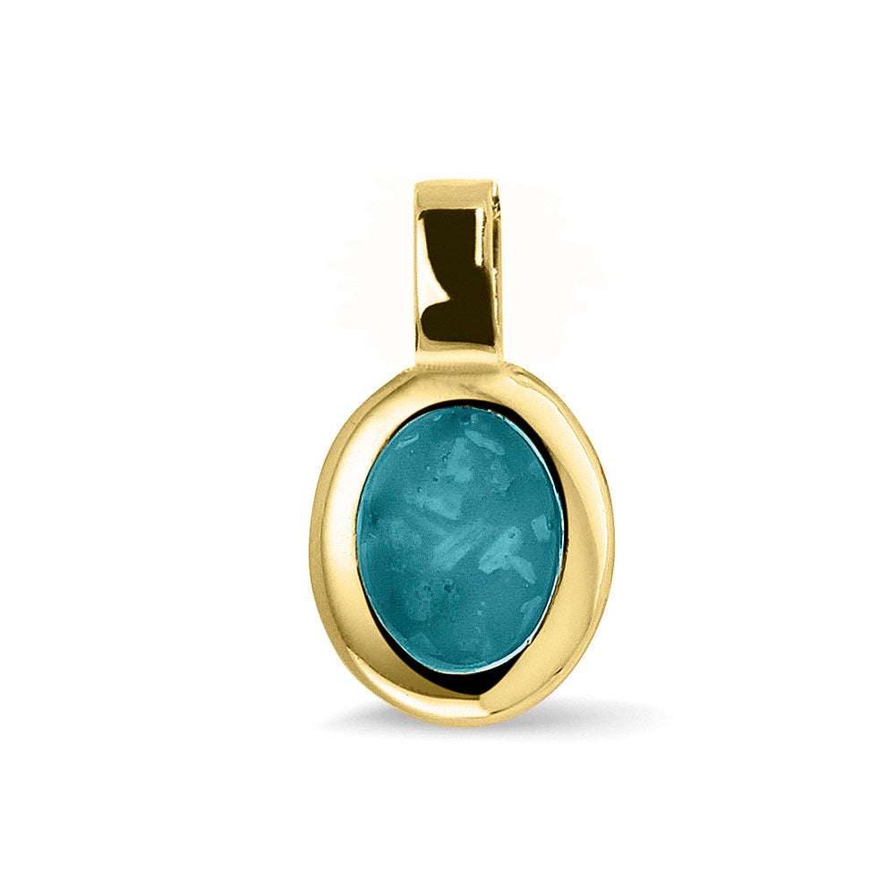 Ovale platte ashanger, gedenksieraad, waar as en haar in verwerkt wordt. Turquoise
