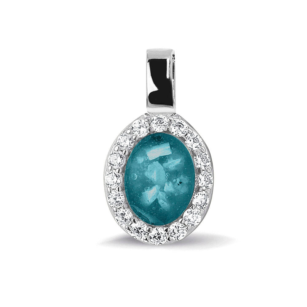 Ashanger, gedenksieraad, waar as en haar in verwerkt wordt. turquoise