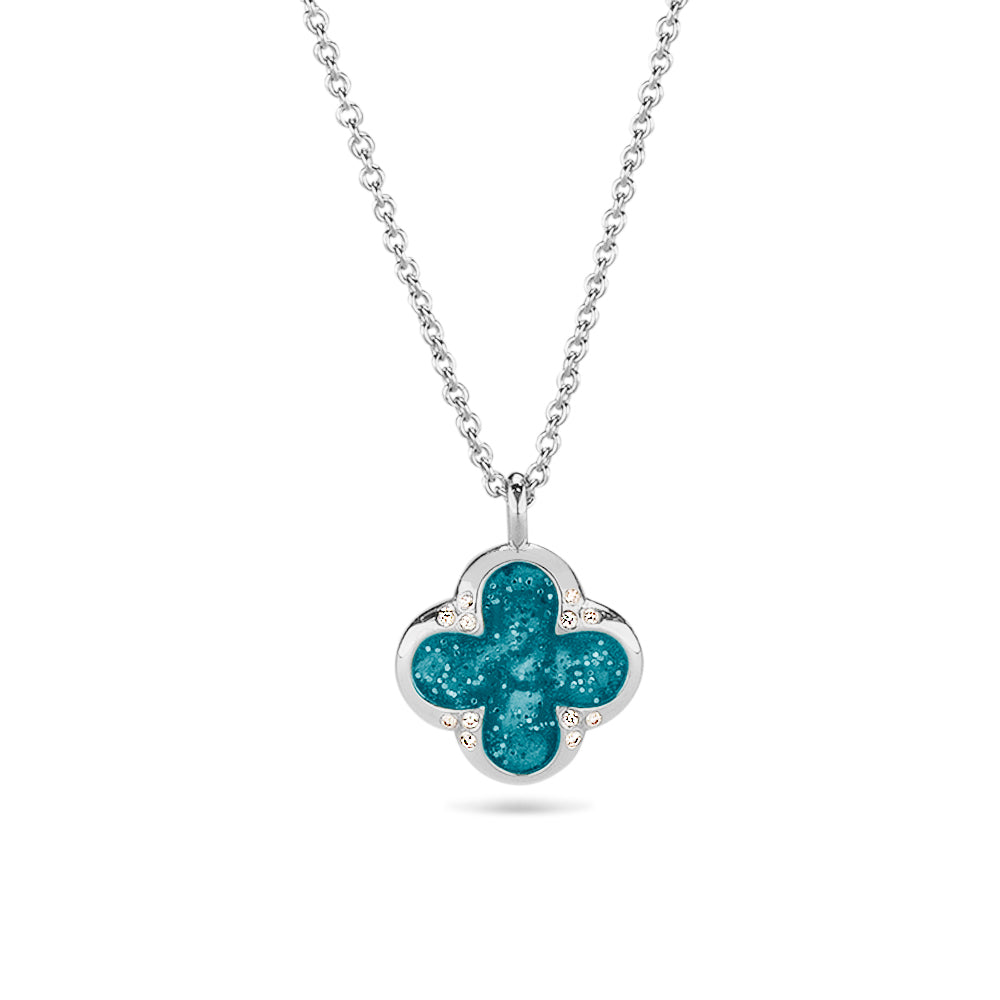 Ashanger als gedenksieraad, klavertje vier. Turquoise