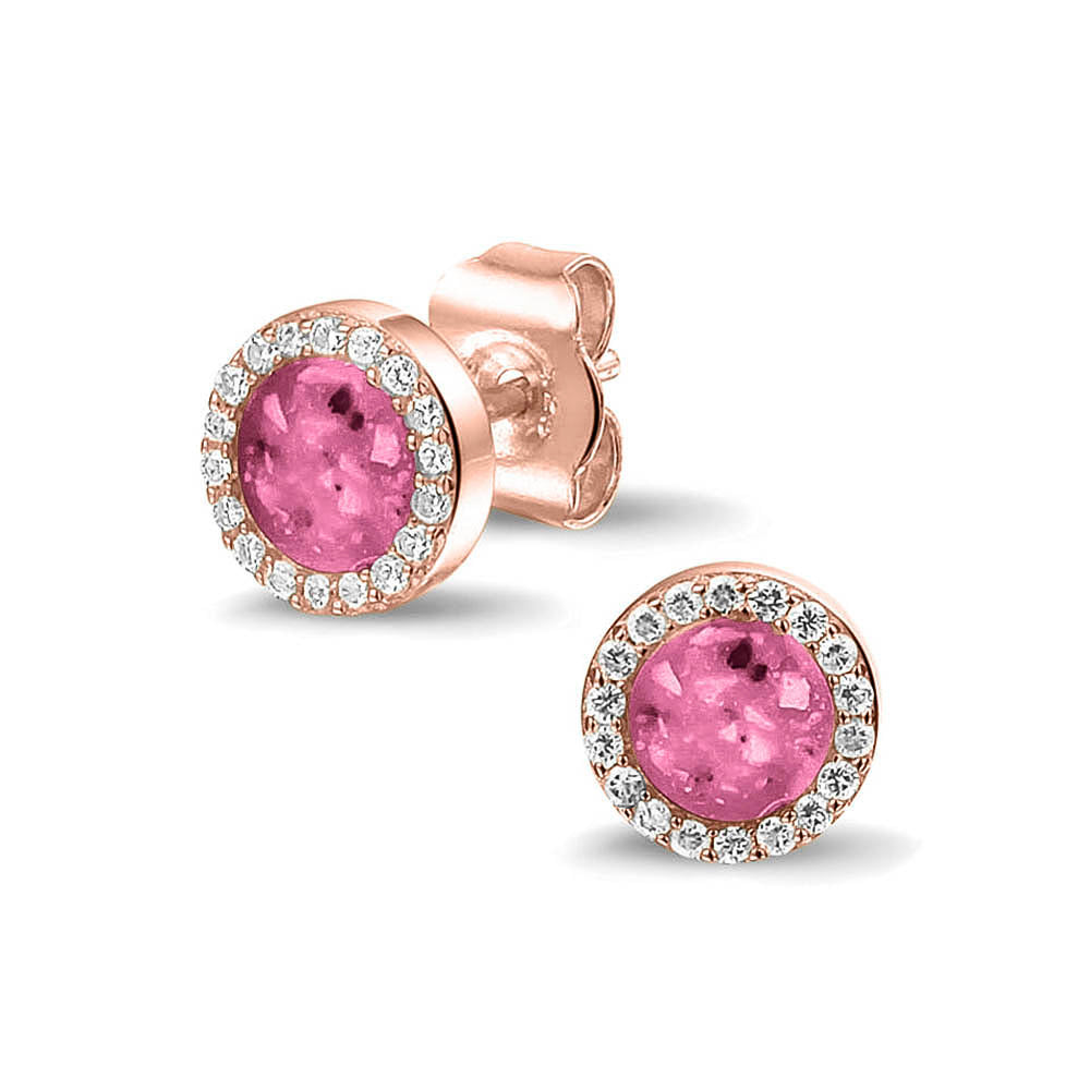 Oorstekers 8 mm rondom afgewerkt met zirkonia's zichtbaar gevuld met as of haar. Fluo