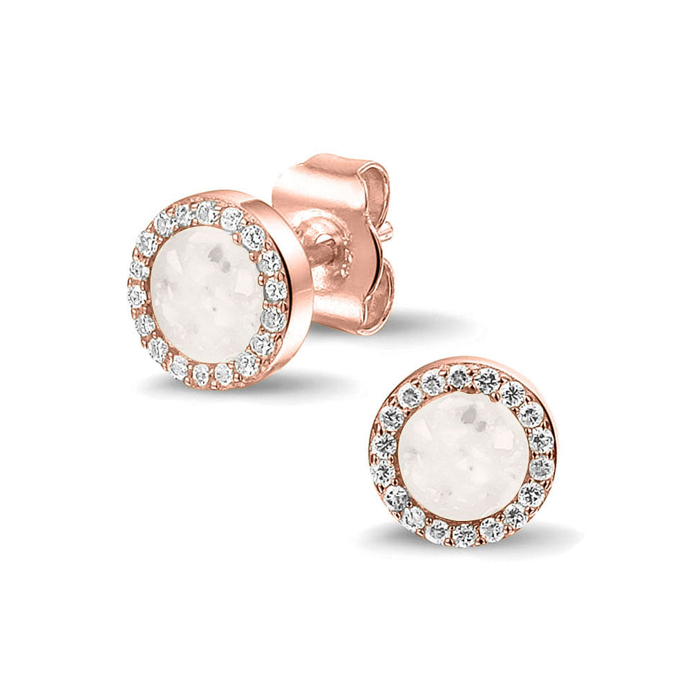 Oorstekers 8 mm rondom afgewerkt met zirkonia's zichtbaar gevuld met as of haar. White