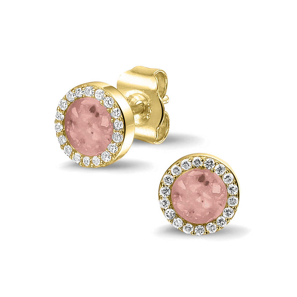 Oorstekers 8 mm rondom afgewerkt met zirkonia's zichtbaar gevuld met as of haar. Blush