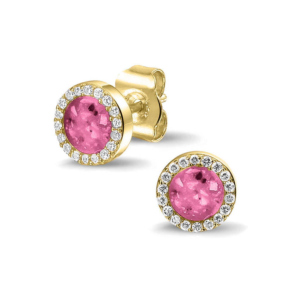 Oorstekers 8 mm rondom afgewerkt met zirkonia's zichtbaar gevuld met as of haar. Fluo