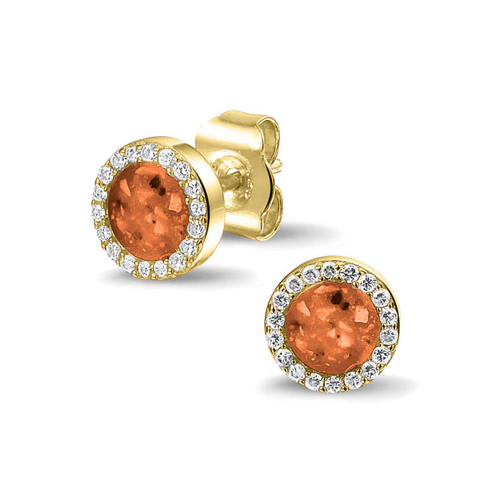 Oorstekers 8 mm rondom afgewerkt met zirkonia's zichtbaar gevuld met as of haar. Orange