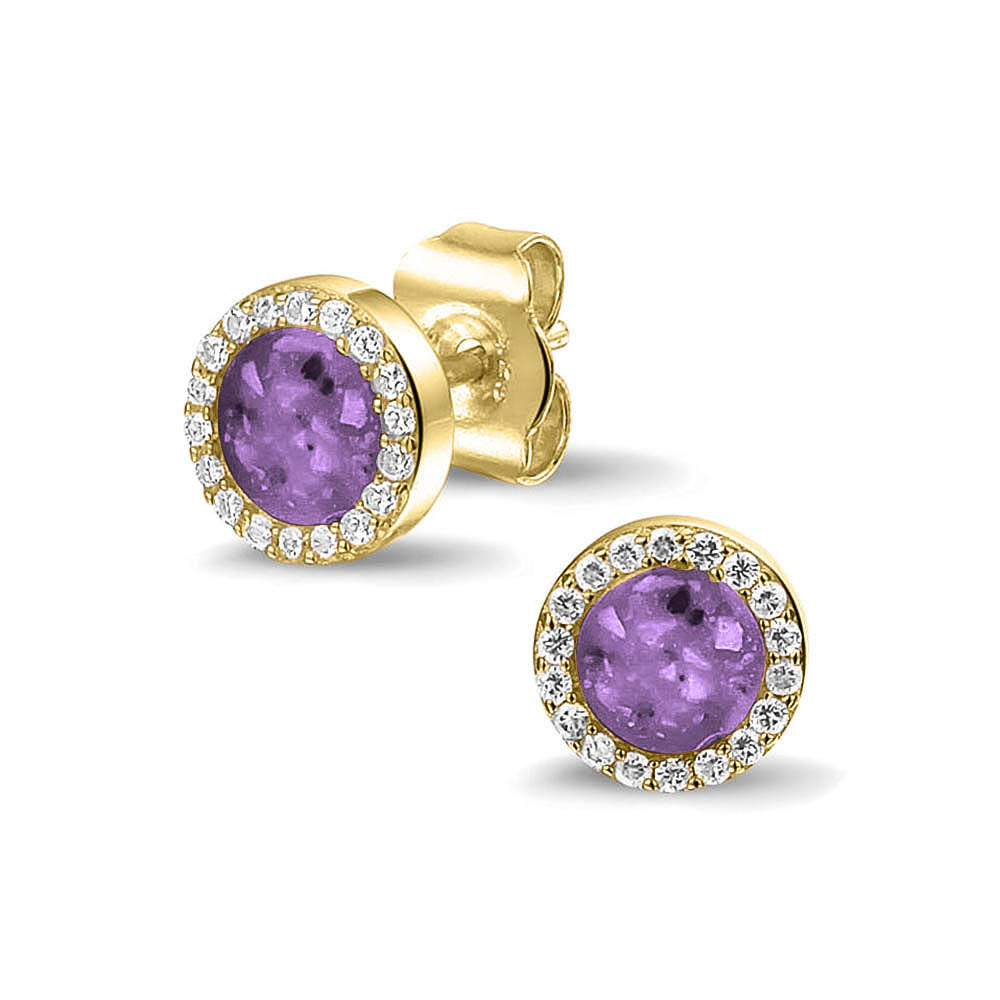 Oorstekers 8 mm rondom afgewerkt met zirkonia's zichtbaar gevuld met as of haar. Purple