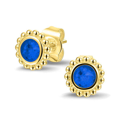 Twee stuks ronde oorstekers 8 mm zichtbaar gevuld met as of haar. Blue