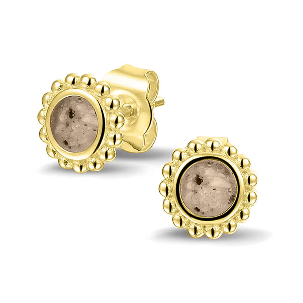 Twee stuks ronde oorstekers 8 mm zichtbaar gevuld met as of haar. Transparent