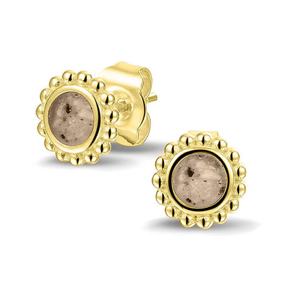 Twee stuks ronde oorstekers 8 mm zichtbaar gevuld met as of haar. Transparent