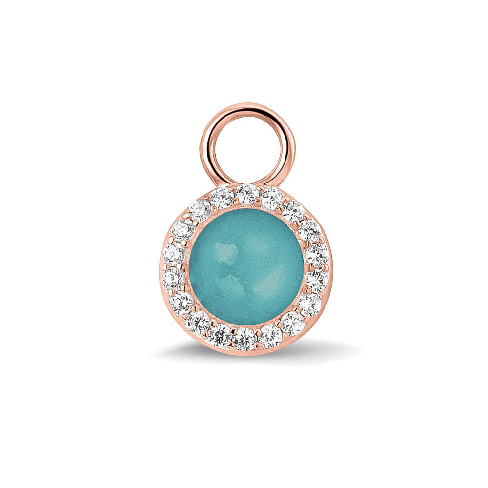 Oorhangers 17 mm lang, rondom afgewerkt met zirkonia's, aan de voorzijde zichtbaar gevuld met as of haar. aqua. 