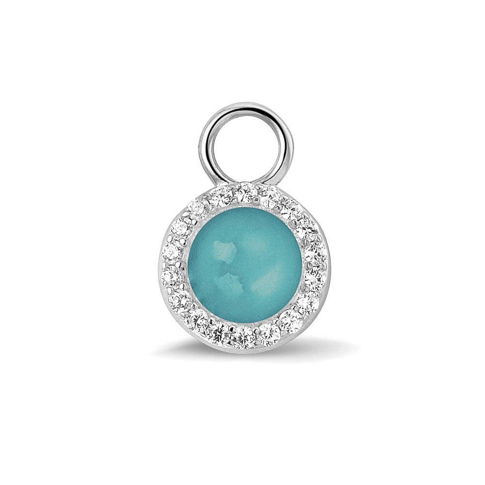 Oorhangers 17 mm lang, rondom afgewerkt met zirkonia's, aan de voorzijde zichtbaar gevuld met as of haar. aqua. 