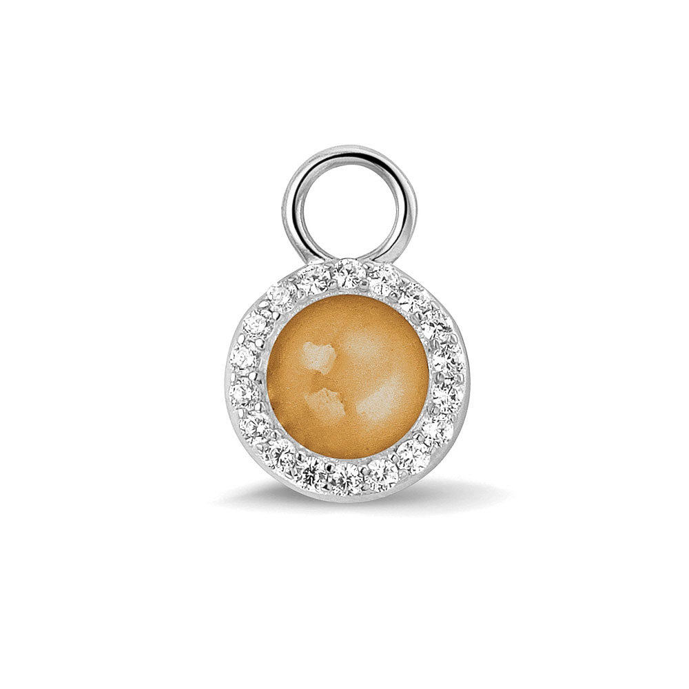 Oorhangers 17 mm lang, rondom afgewerkt met zirkonia's, aan de voorzijde zichtbaar gevuld met as of haar. gold. 