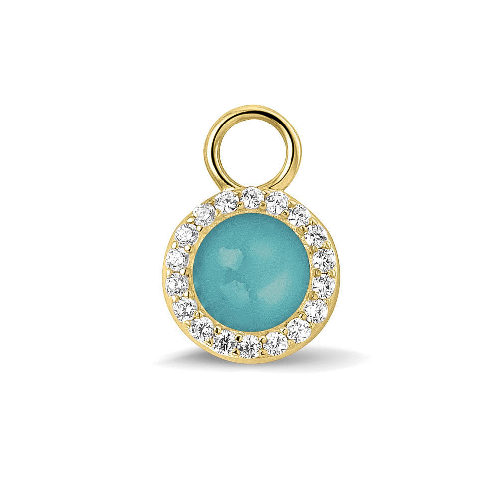 Oorhangers 17 mm lang, rondom afgewerkt met zirkonia's, aan de voorzijde zichtbaar gevuld met as of haar. aqua. 