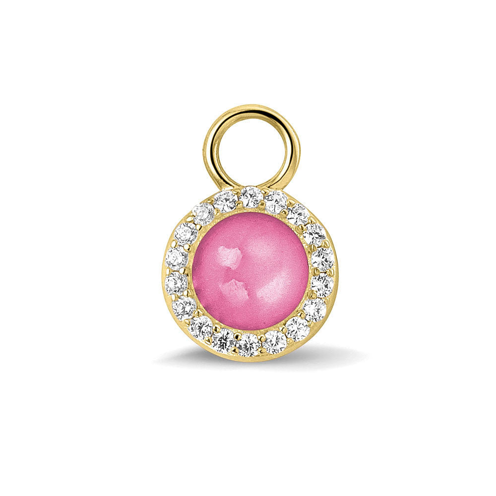 Oorhangers 17 mm lang, rondom afgewerkt met zirkonia's, aan de voorzijde zichtbaar gevuld met as of haar. fluo. 